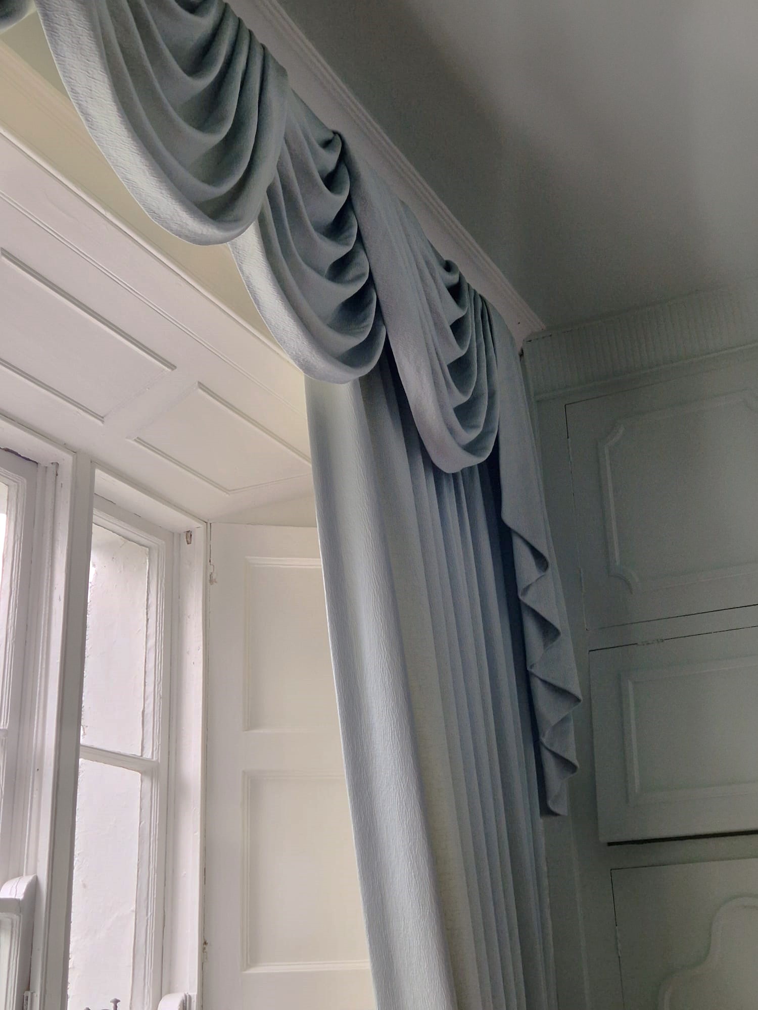 blue curtains with swags and tails, classic swags and tails curtains